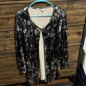 Mystree Black Floral Open-Front Cardigan Size Large Boho